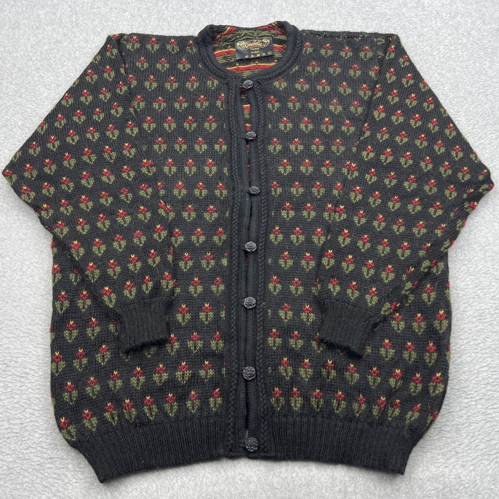 Vitabella Mohair Cardigan Womens XL Black Floral Nordic Knit Button Up Sweater